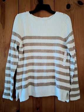 Croft & Barrow Striped Boatneck Sweater in White and Tan NWT